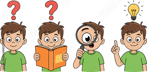 Cute little boy thinking reading book looking through magnifying glass and getting bright idea cartoon character vector illustration set