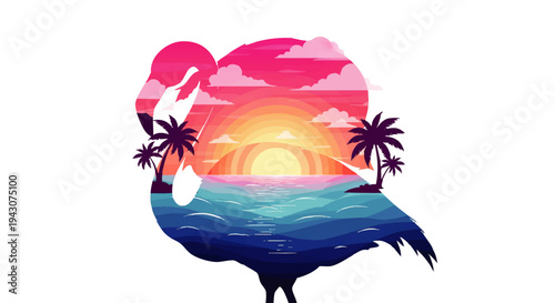Vibrant tropical sunset scene encapsulated within a graceful flamingo silhouette, featuring a tranquil ocean, radiant sky, and silhouetted palm trees, evoking an idyllic summer escape