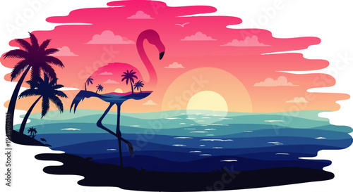 Tropical paradise illustration with elegant flamingo silhouette against a vibrant gradient sunset sky, calm ocean waves, and exotic palm trees on a secluded beach
