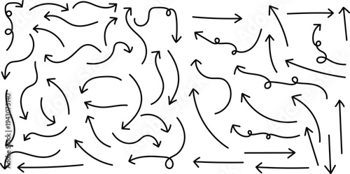 A complex arrangement of arrows on a white background showcasing various directions and movements in a seemingly chaotic yet organized pattern