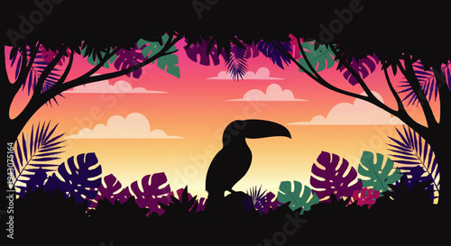 Exotic toucan silhouette against a breathtaking tropical sunset, framed by lush jungle foliage and vibrant palm leaves, creating a serene and captivating evening landscape