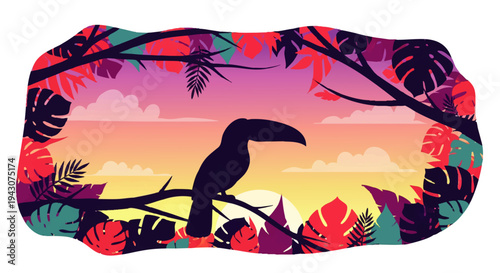 Exotic Toucan Silhouette Amidst a Tropical Sunset Jungle Scenery with Lush Foliage