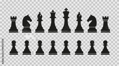 Vector chess silhouettes icons set board pieces king queen rook bishop knight pawn strategy logos tournament club branding educational design modular black white illustration collection