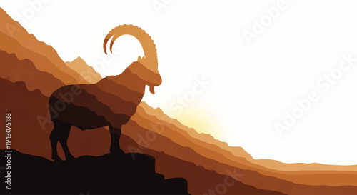 Majestic Ibex Silhouette Standing on Rocky Mountain Peak at Sunrise with Layered Hills in the Background