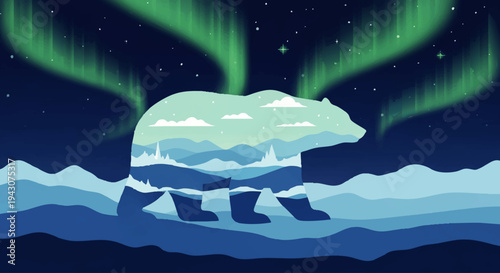Majestic Polar Bear Silhouette Under Aurora Borealis, a Breathtaking Arctic Landscape Illustration