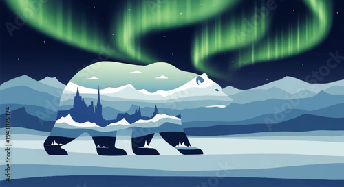 Stunning illustration of a polar bear silhouette encapsulating a pristine arctic landscape with snow-covered mountains and serene winter trees, under the ethereal aurora borealis