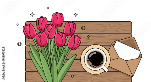 A vibrant bouquet of pink tulips beside a cup of coffee and an envelope on a wooden table, illustrated in a flat style