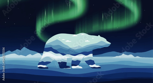 Polar Bear silhouette filled with a winter landscape and aurora borealis lighting up the night sky