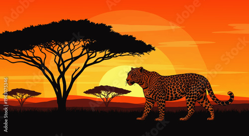 African Savannah sunset with a leopard walking past acacia trees under a vibrant orange sky