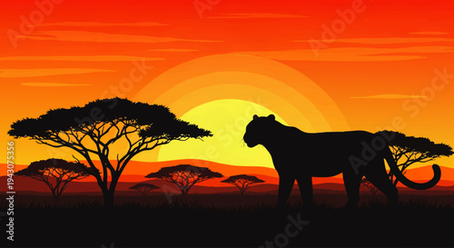Majestic African sunset silhouette of a leopard against a vibrant orange sky with acacia trees and savanna landscape