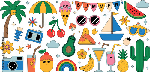 Tropical summer beach icon set with flamingo surfboard pineapple monstera leaf popsicle and vacation outline vector elements