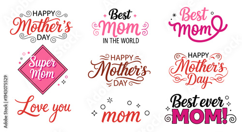 A collection of vibrant Mother's Day typography designs featuring phrases like 'Best Mom' and 'Super Mom' in a playful style