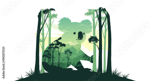 A captivating illustration featuring a koala silhouette intertwined with a vibrant, layered forest landscape, symbolizing Australian wildlife and its natural habitat