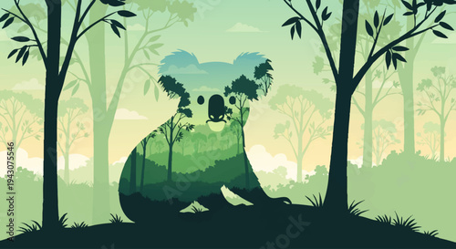 A serene koala silhouette filled with a lush forest landscape, representing nature's harmony and wilderness preservation