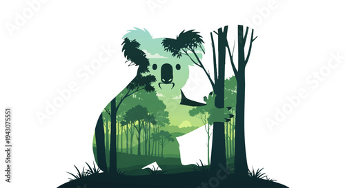Enchanting Koala Silhouette Merging with a Lush Forest Landscape