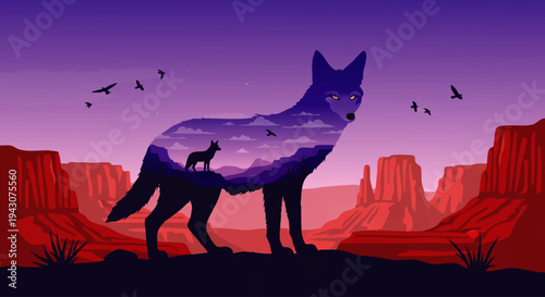 Majestic coyote silhouette art with an ethereal mountain landscape within, set against a vivid desert sunset over dramatic red rock formations