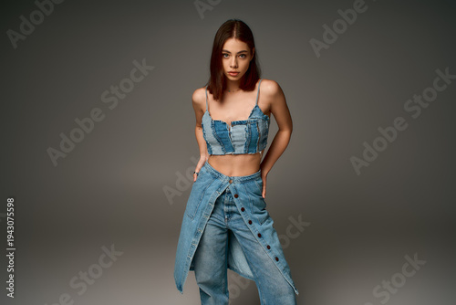 Foto Stylish young woman showcases denim fashion in modern studio setting