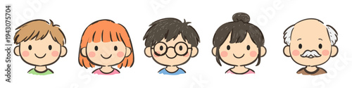 Cute hand-drawn character icons representing a diverse multi-generational group of people, including children and a senior man, in a charming chibi watercolor illustration style.