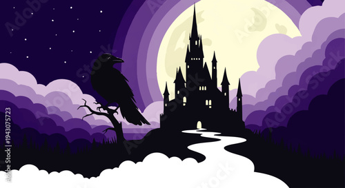Mysterious castle silhouette under a full moon with a crow perched on a bare tree branch against a dramatic purple sky