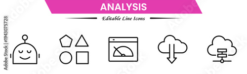 Analysis icons depicting data evaluation, charts, graphs, statistics, insights, trends, reports, metrics, research, assessment, monitoring, performance, strategy, decision-making, and review.
