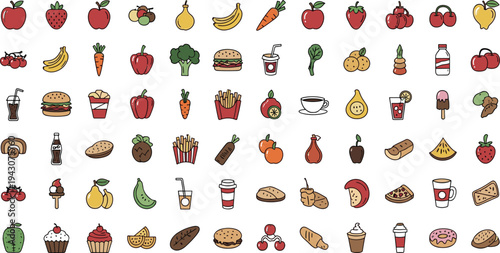 Hand drawn food icon mega set with fruits, vegetables, fast food, desserts and drinks collection for restaurant menu and grocery vector illustration