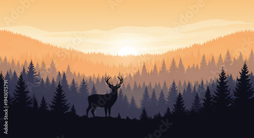 Majestic deer silhouetted against a breathtaking sunset over a pine forest landscape, embodying tranquility and the wild