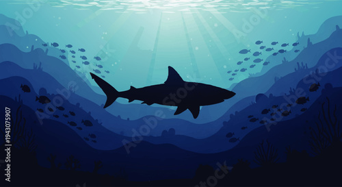 Majestic Shark Silhouetted Against Sunbeams in a Vibrant Deep Blue Ocean Ecosystem