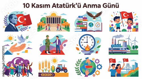 Ataturk Commemoration Day Turkey National Holiday Vector Illustration Set