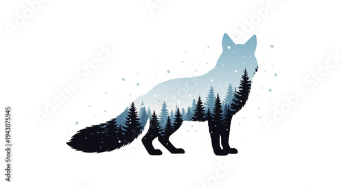 Mystical Winter Woodland Fox Silhouette with Snowy Pine Trees, Evoking a Serene and Enchanting Natural Landscape