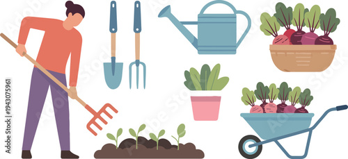 Woman gardening and growing vegetables with tools harvest basket and eco friendly lifestyle flat vector illustration