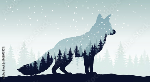 Majestic Fox Silhouette Over a Snowy Forest Landscape, Nature's Winter Beauty Captured in a Unique Double Exposure Illustration