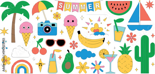 Tropical summer beach icon set with flamingo surfboard pineapple monstera leaf popsicle and vacation outline vector elements