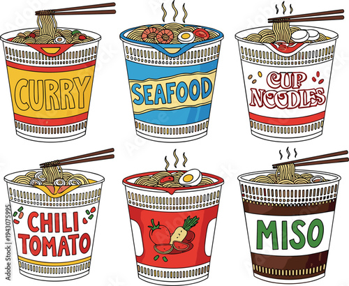 Instant cup noodles vector illustration set with different ramen flavors including curry, seafood, chili tomato and miso Asian fast food packaging design