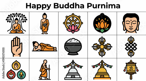 Buddha Purnima Icons: Meditation, Dharma Wheel, Lotus, Stupa