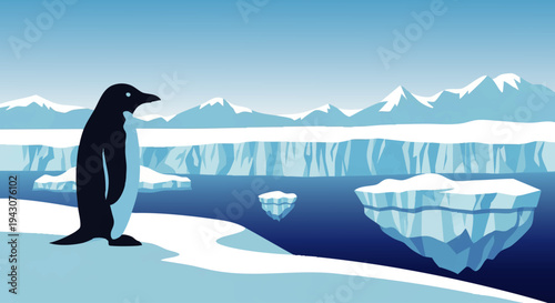 A lone penguin on an icy shore, watching a serene polar landscape. Icebergs float in calm water, distant snow-capped mountains rise under a clear blue sky