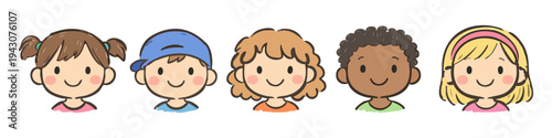 Set of diverse hand-drawn children faces in a cute cartoon style. Happy multi-ethnic kids' avatars representing diversity and friendship isolated on white background.
