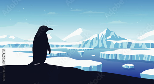 Majestic penguin surveys a vast, icy landscape under a clear, cool sky, symbolizing solitude and the stark beauty of the Antarctic wilderness