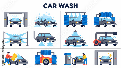 Car Wash Icons: Automatic, Manual, Service, Cleaning - Vector Set