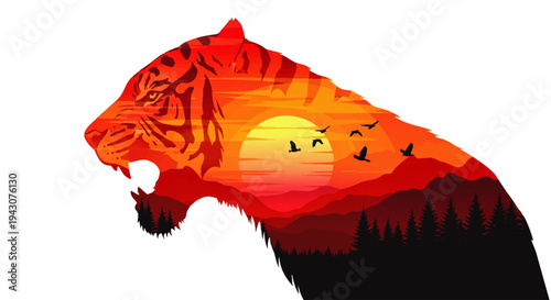 Striking Double Exposure Illustration of a Fierce Tiger Head Merged with a Fiery Sunset Landscape