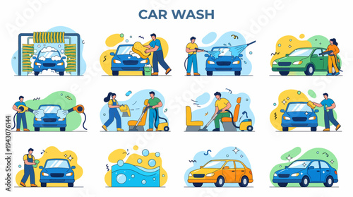 Car Wash Service Icons Set, Auto Detailing, Cleaning
