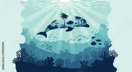 Majestic dolphin silhouette encompassing a vibrant tropical island oasis, bathed in serene underwater light, symbolizing marine conservation and the delicate balance of ocean ecosystems