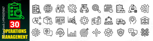 Operations Management Line Icons Set – Logistics, Supply Chain, Business Process, Maintenance, Planning & Continuous Improvement Web Icons, Editable Stroke Vector Illustration for Apps, UI, and Infogr