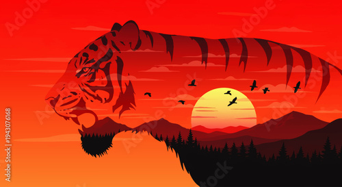 A powerful roaring tiger's silhouette encompassing a vibrant red and orange sunset over mountain forests with flying birds, representing wild spirit and breathtaking natural beauty