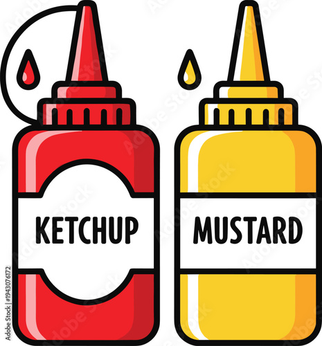 Ketchup and mustard sauce bottle icon set with classic fast food condiments, red and yellow squeeze containers vector illustration