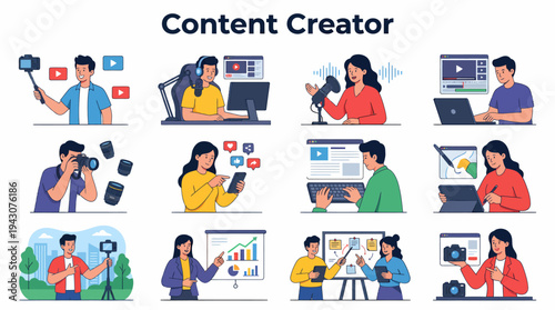 Content Creator Illustrations: Diverse Digital Media Production