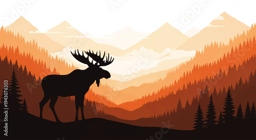 Majestic Moose Silhouette in a Serene Mountain Landscape with Fir Trees and Orange Hues