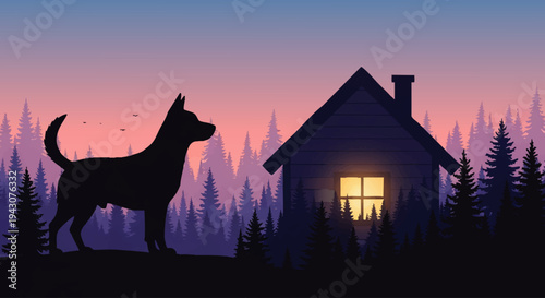 A loyal dog stands watch outside a cozy house nestled deep within a silhouetted forest as the twilight sky paints the horizon with soft, warm hues, evoking a sense of calm and belonging