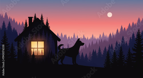 Serene woodland cabin with a watchful dog silhouetted against a beautiful sunset sky