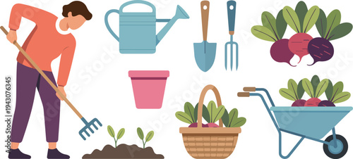 Woman gardening and growing vegetables with tools harvest basket and eco friendly lifestyle flat vector illustration