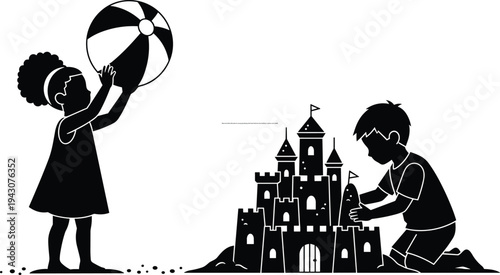 Black and white silhouette of a young girl playing with beach ball and a boy building a creative sand castle